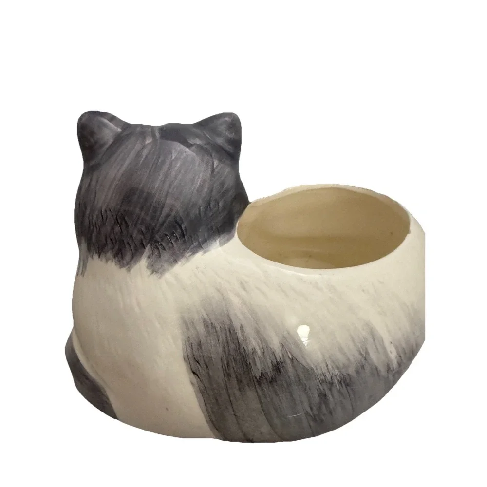Ceramic Gray & White Cat Planter | Figural Cat Lover Decor | 7
